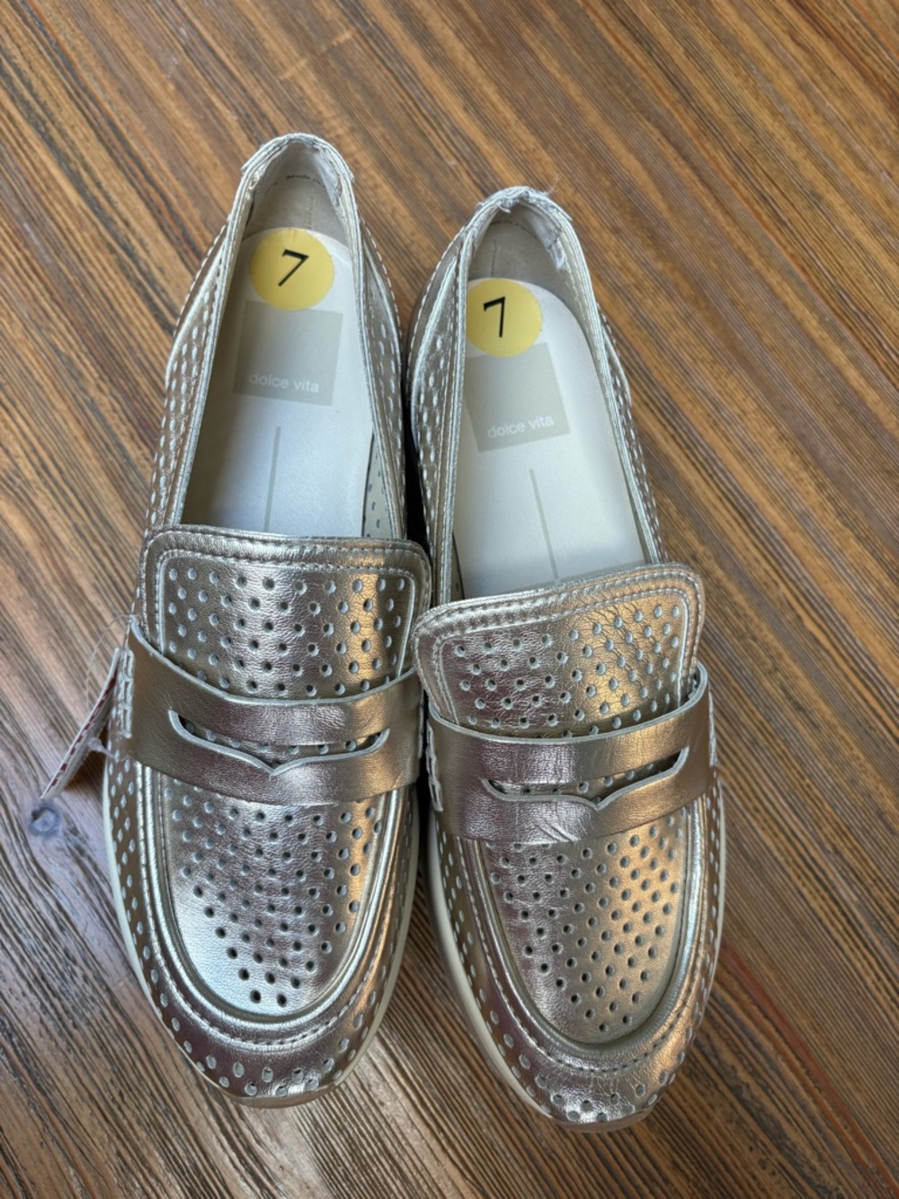 Dolce Vita Champagne Metallic Perforated Platform Loafers - Picture 11 of 13